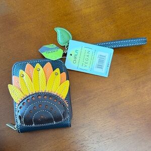 Chala Black Vegan Wristlet Wallet with Yellow & Orange Sunflower